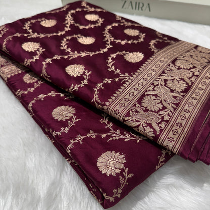 Wine Mashru Silk Banarasi Saree With Jaal Pattern