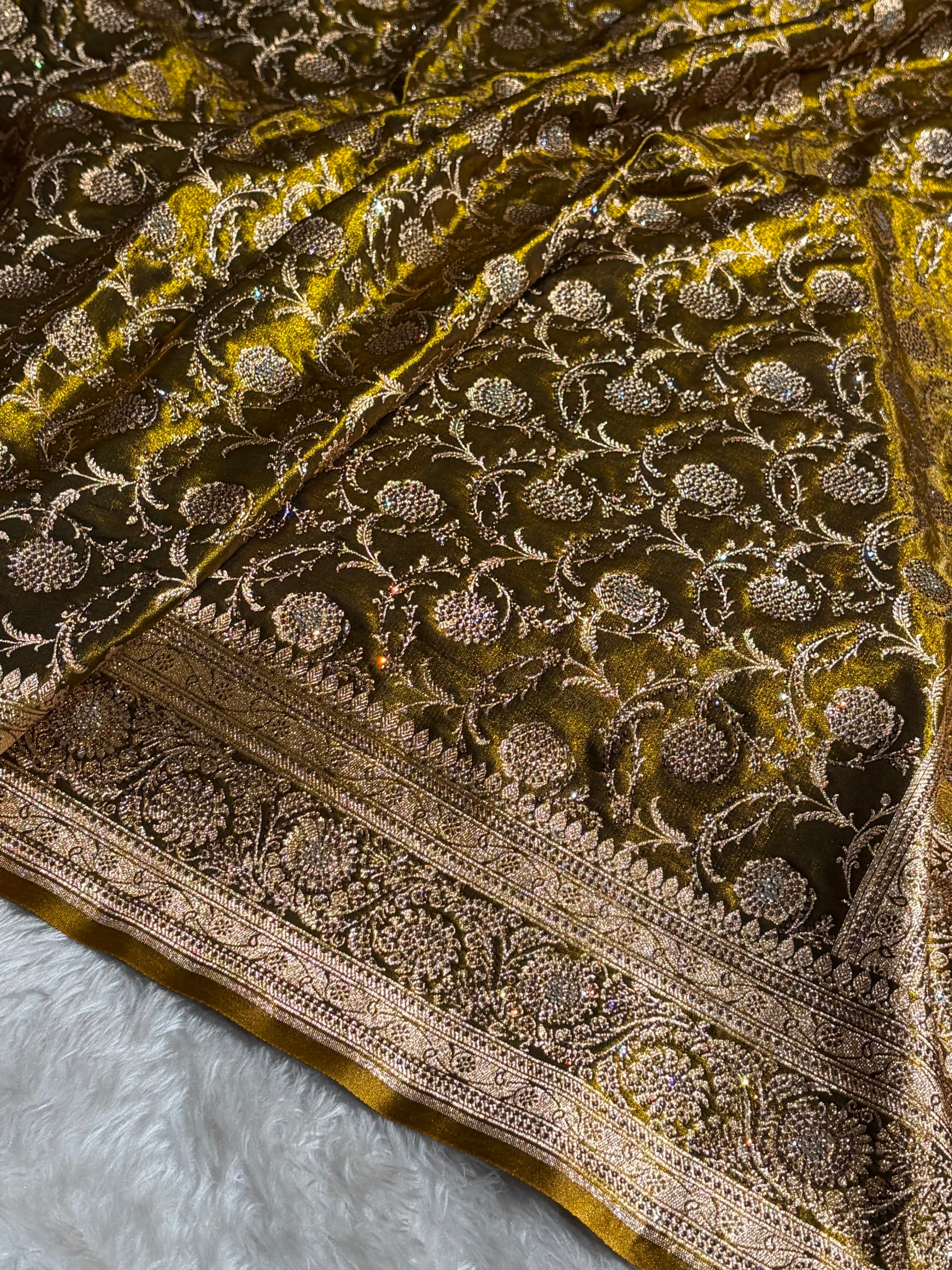 Ultra Light Weight Satin Silk Jaal With Swarovski Work in Mehendi Shades BSS13