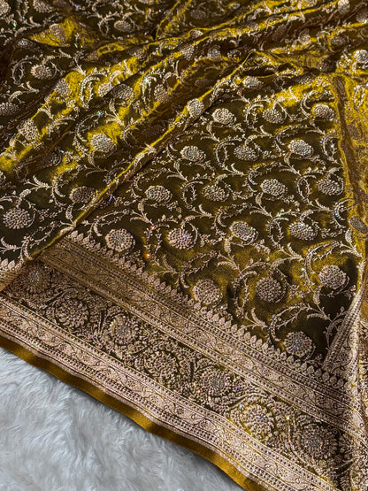 Ultra Light Weight Satin Silk Jaal With Swarovski Work in Mehendi Shades BSS13