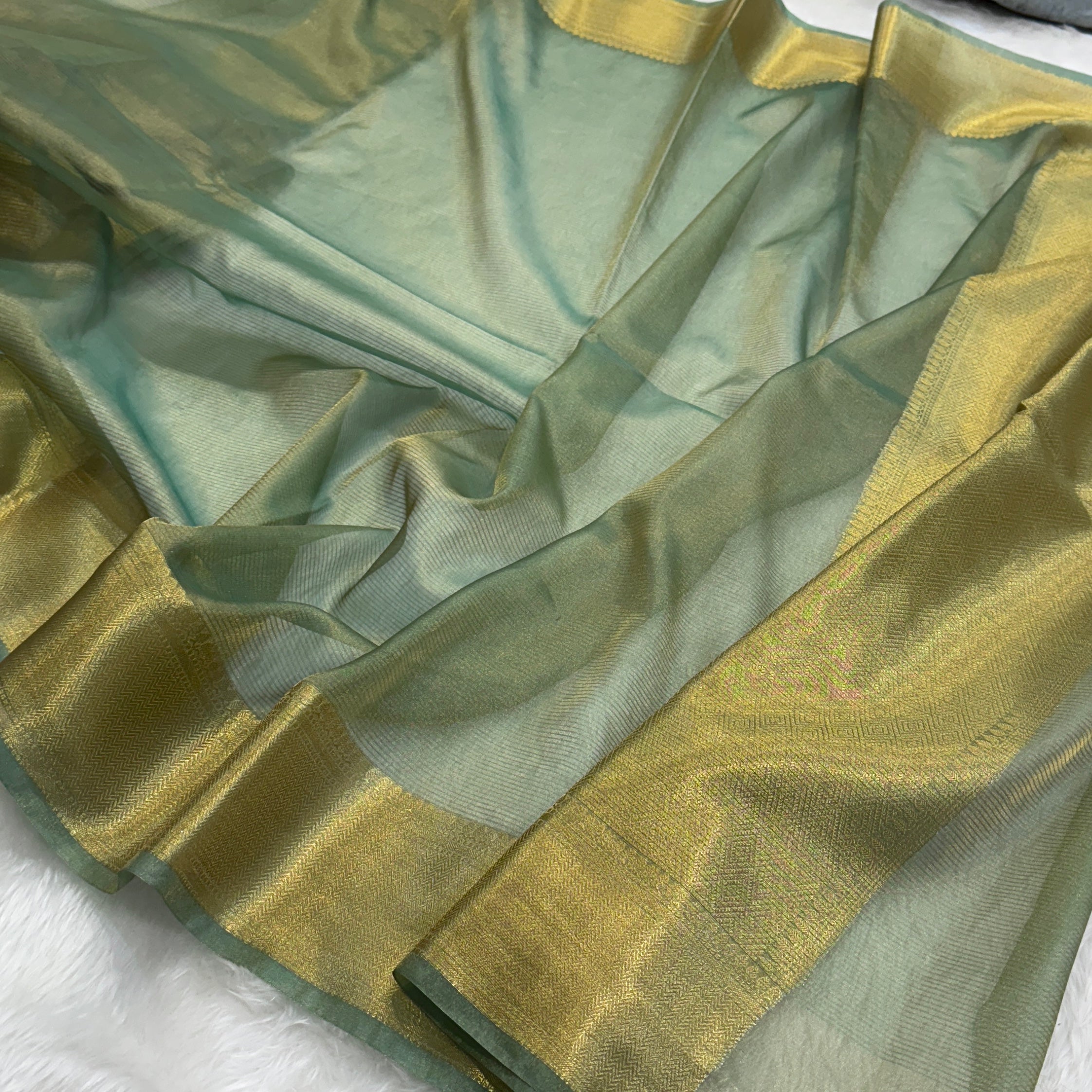 Turquoise Semi Pure Tissue Silk Saree T07