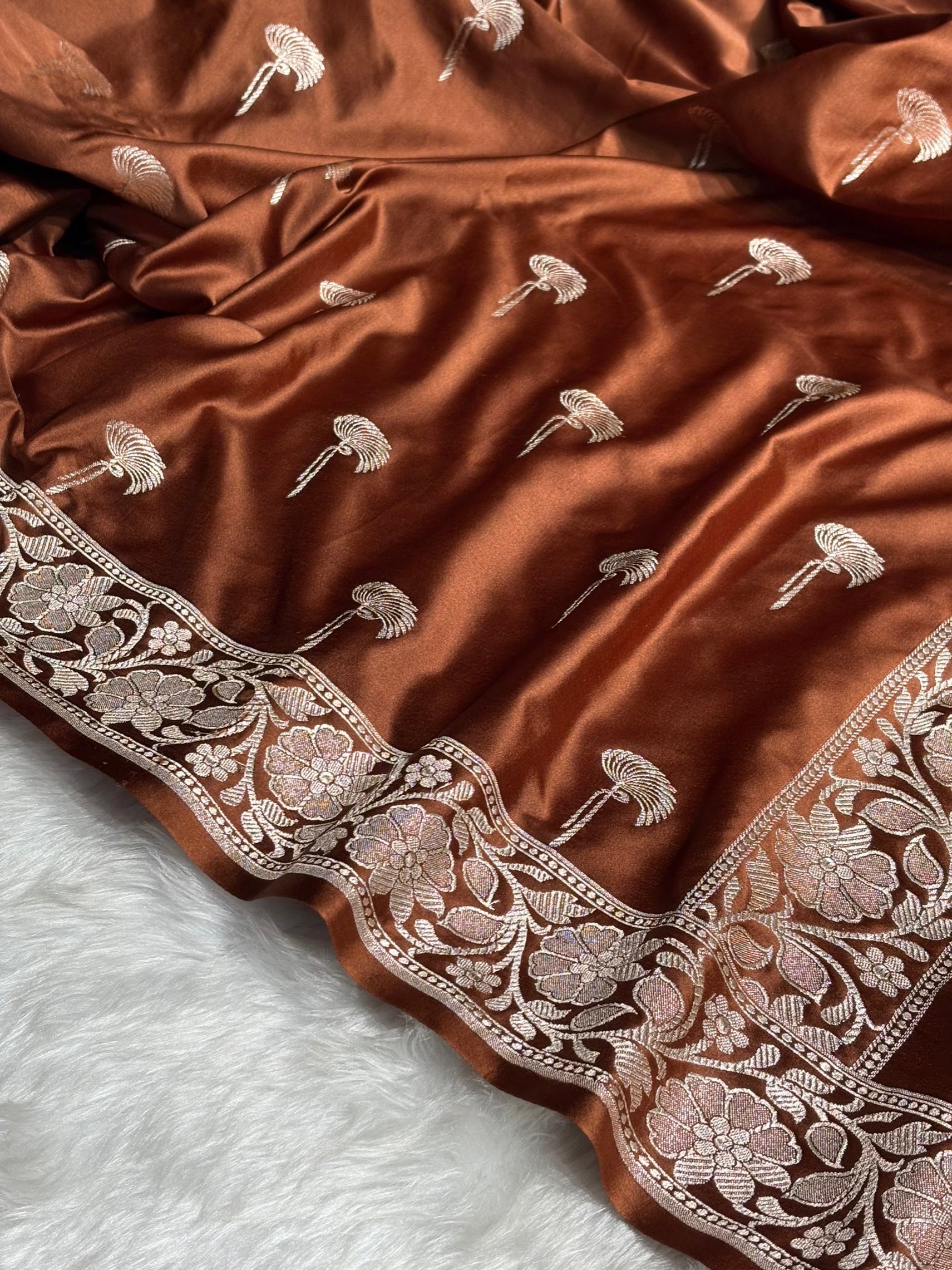 Dark Rust Shades Floral Booti Mashru Silk Saree