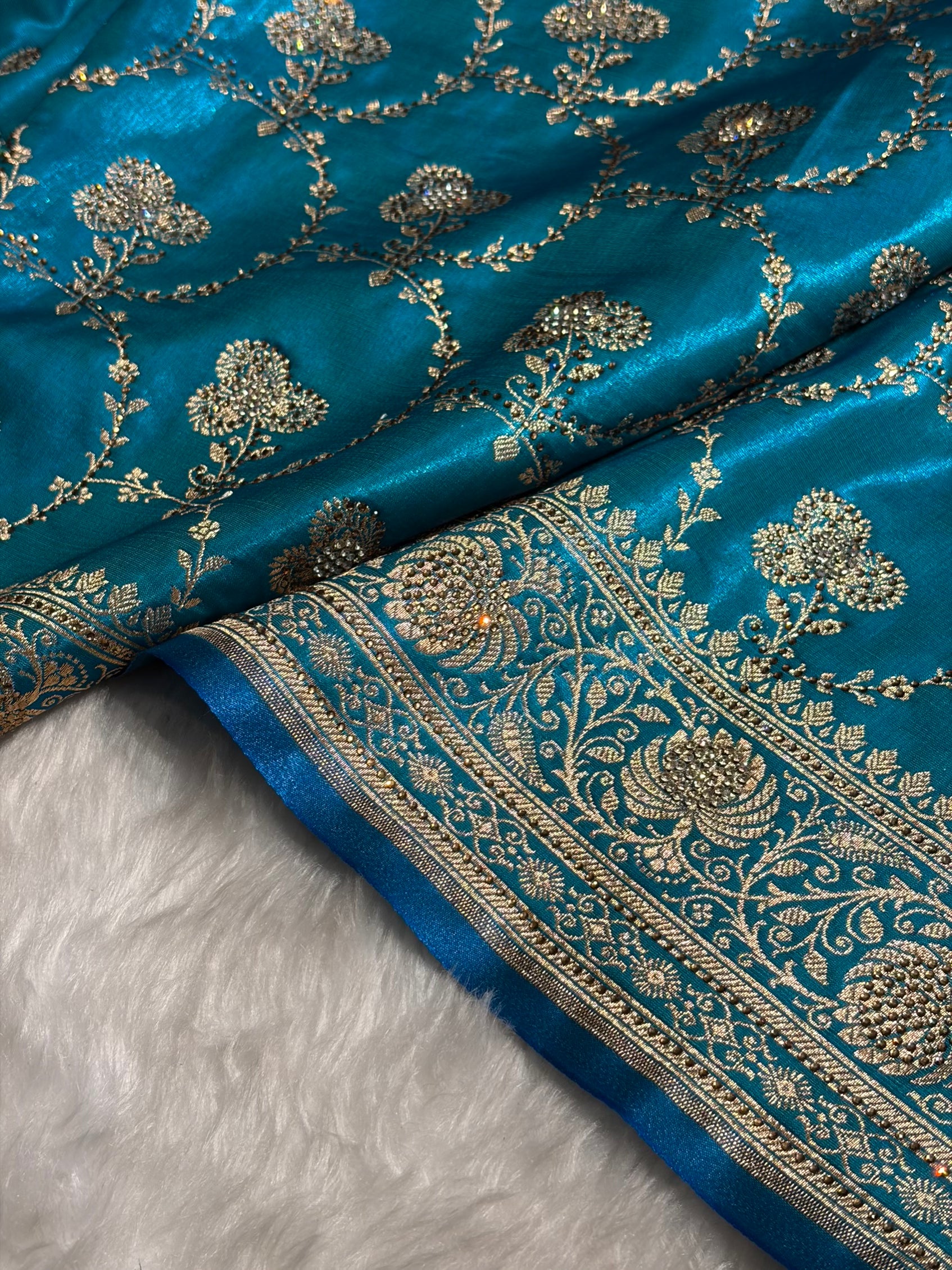 Satin Silk Saree Banarasi Swarovski Work Jaal in Firozi Shades BSS23 (R)