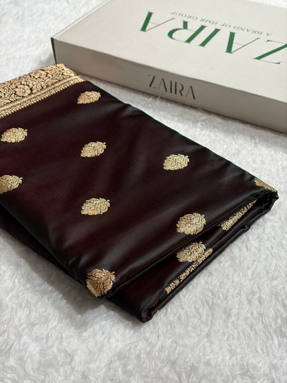 Cross Garnet Treditional Banarasi Booti Pattern Satin Katan Silk Saree SK65