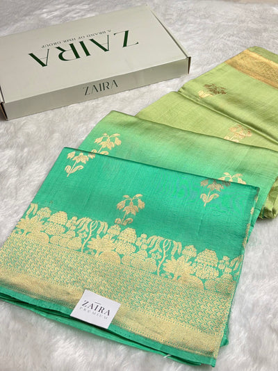 Ombré Sea Green with Pista Shades Boota Handwoven Pure Paper Silk RM-17