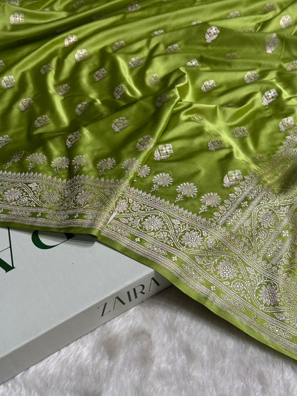 Pista Green Shades Floral Border Boota Mashru Silk Saree MS66