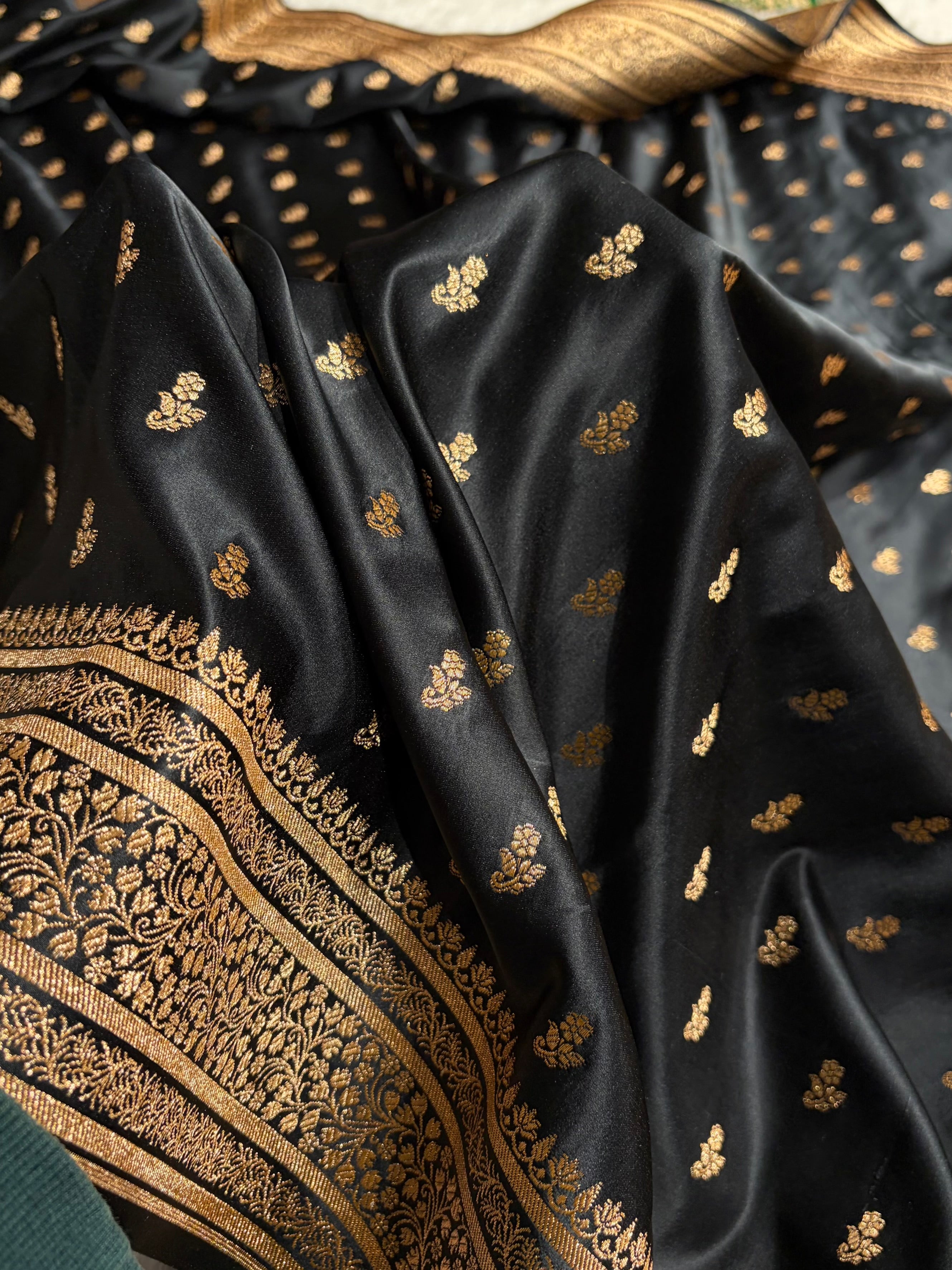 Banarasi Satin Katan Saree With Boota in Black Shades SK89