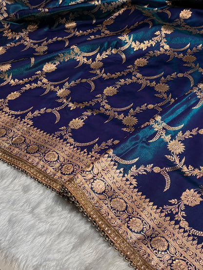 Satin Silk Banarasi Jaal In Peacock Shades With Gotta Patti  SSGP18