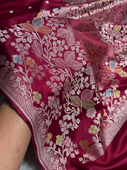 Maroon Shades Minakari Floral Border Booti Mashru Silk Saree MS75
