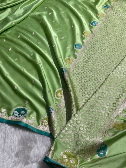 Banarasi Pista Shades With Minakari Floral Mashru Silk Saree MCS91