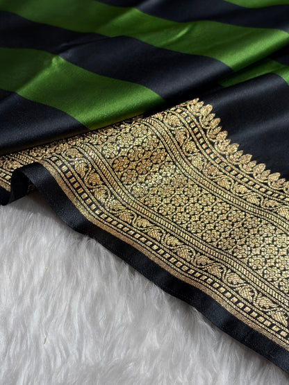 Bottle Green With Black Horizontal Strips Floral Border & Brocade Blouse Mashru Silk Saree MSM-84