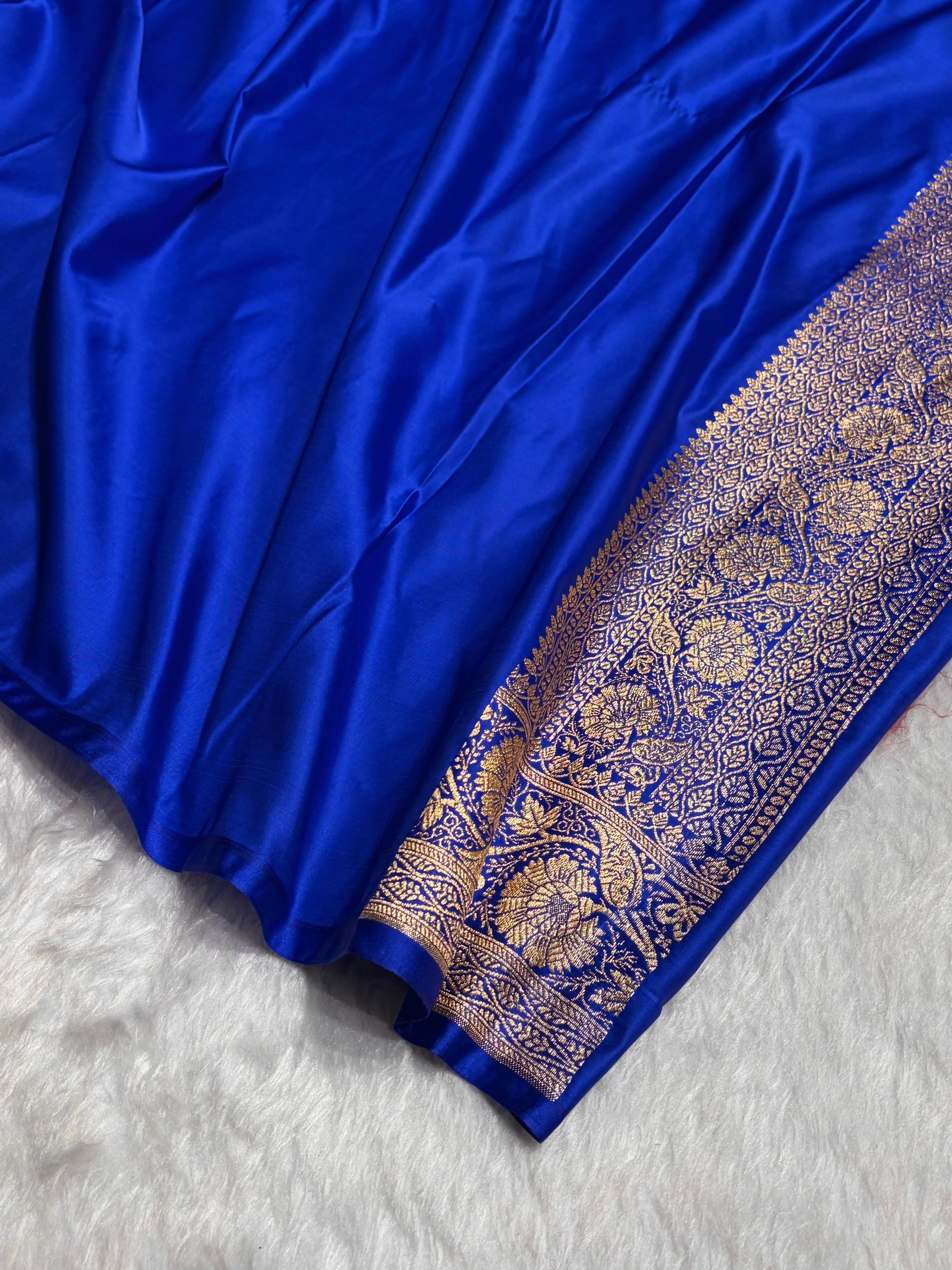 Royal Blue Floral Boota Pattern Satin Katan Silk Saree SK72