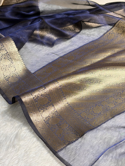 Navy Blue Shades Pure Tissue Silk Saree with Brocade Blouse PT-08
