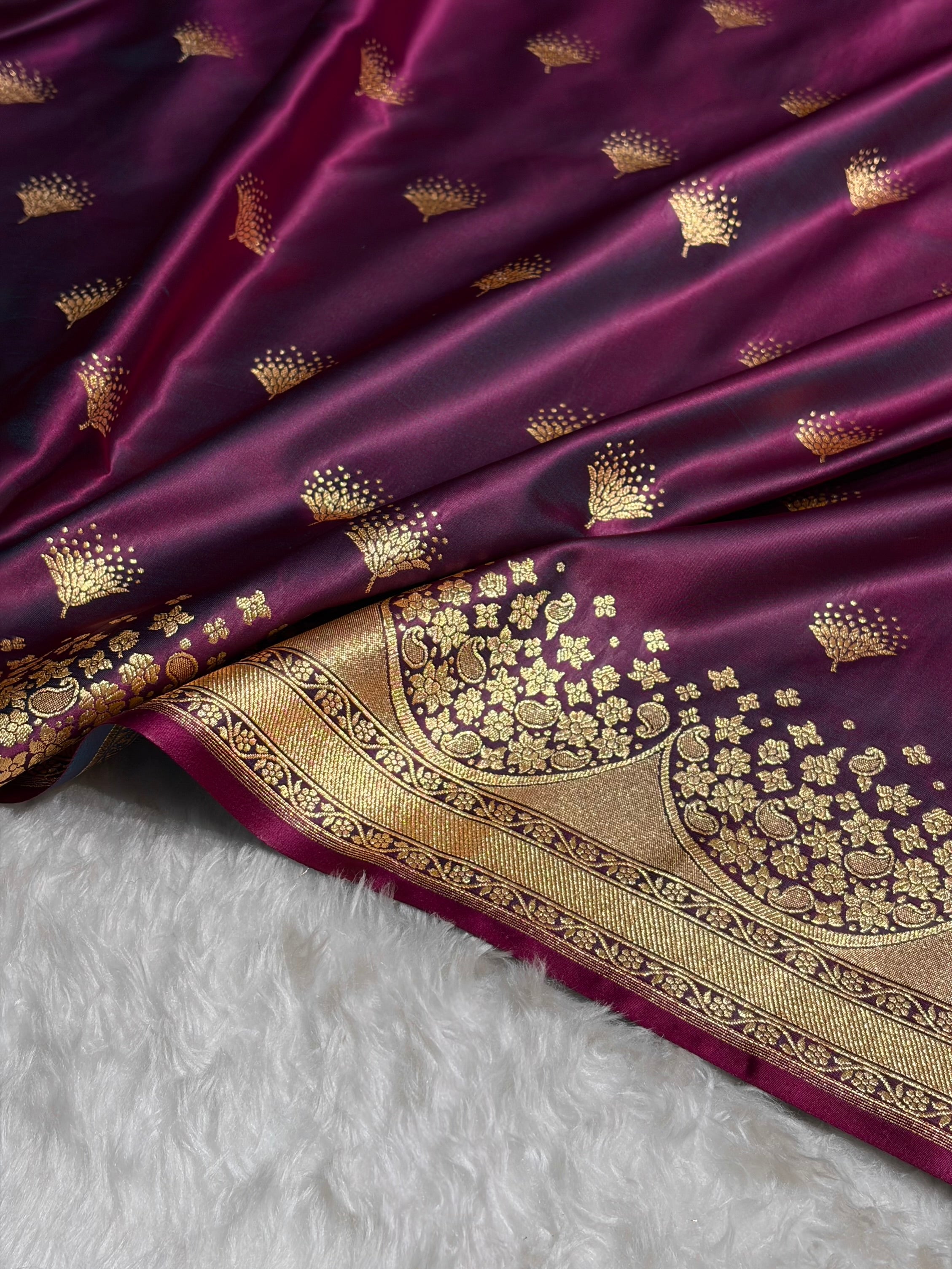 Cross Wine Floral Banasari Pattern Satin Katan Silk Saree SK83
