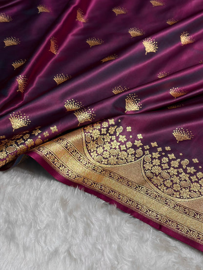 Cross Wine Floral Banasari Pattern Satin Katan Silk Saree SK83
