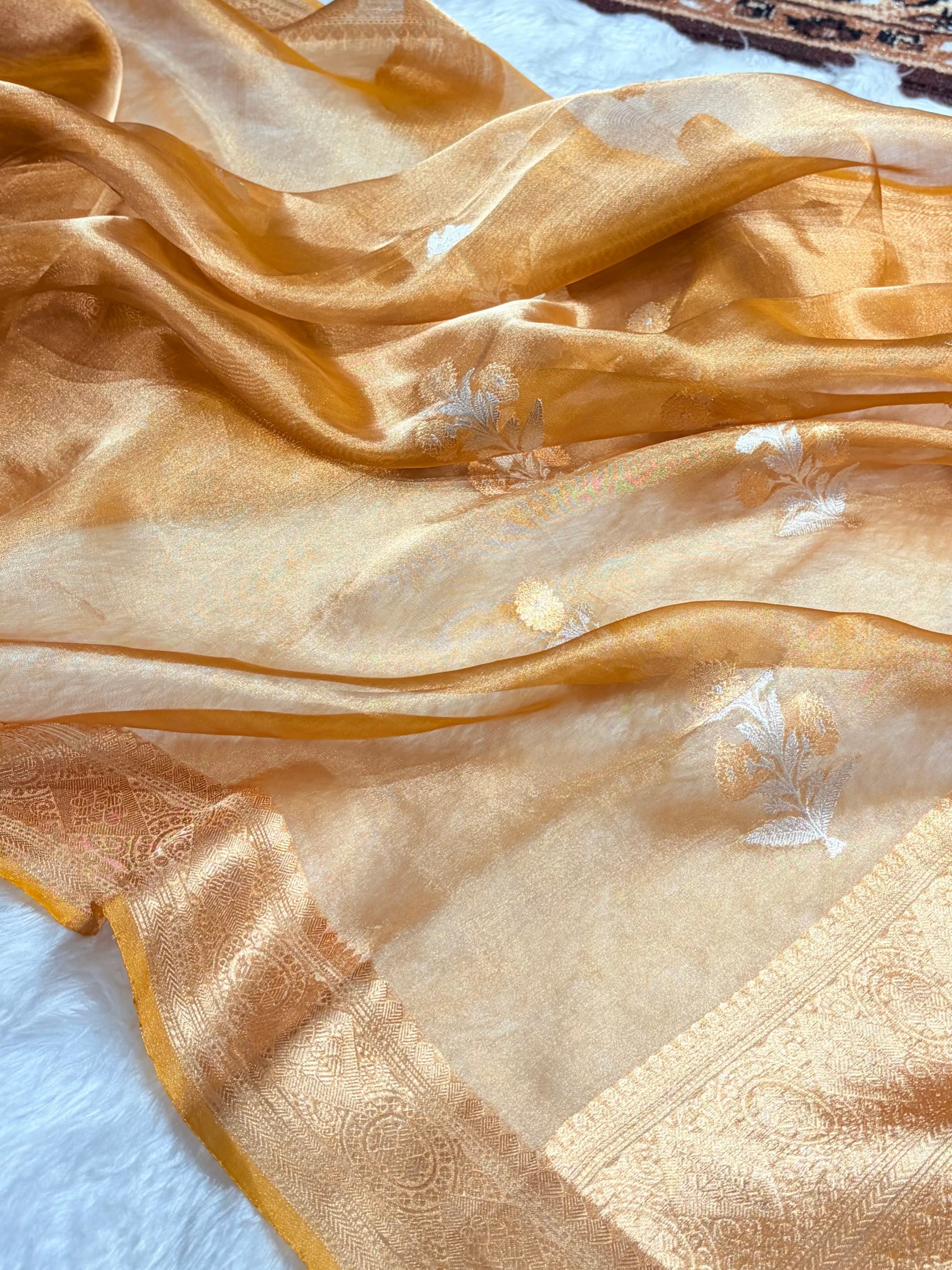 Mustard Gold Bananasi Floral Shades Pure Tissue Silk Saree PT-37