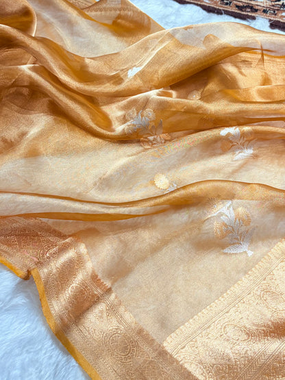 Mustard Gold Bananasi Floral Shades Pure Tissue Silk Saree PT-37