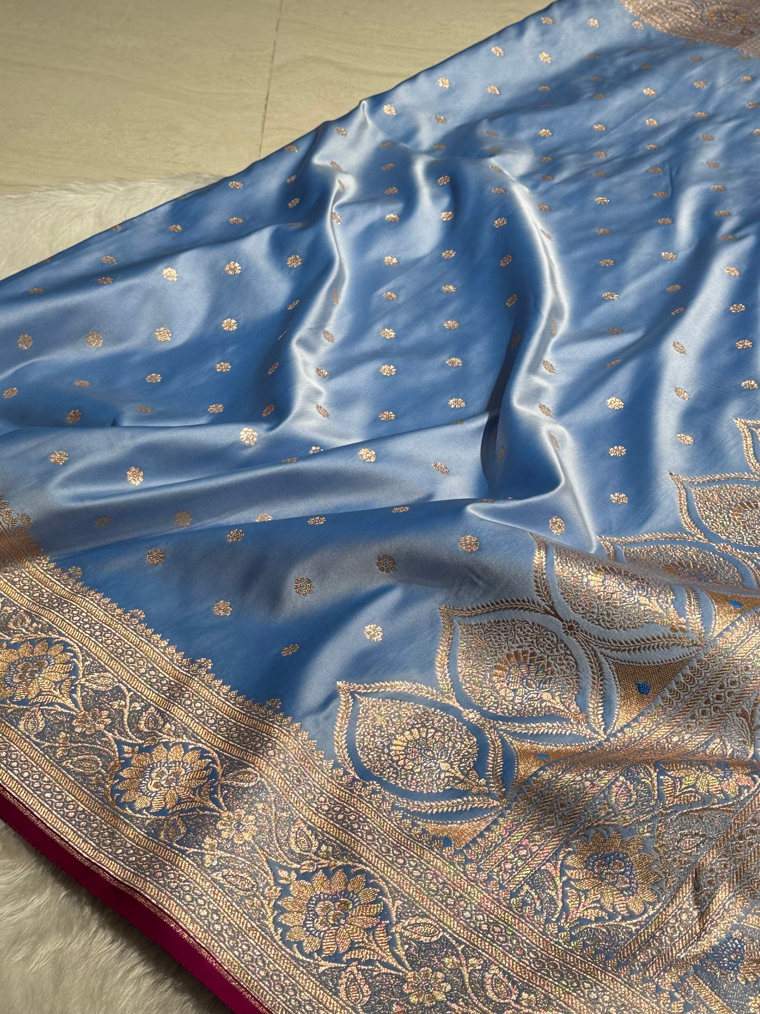Powder Blue Booti Satin katan Silk Saree SK11