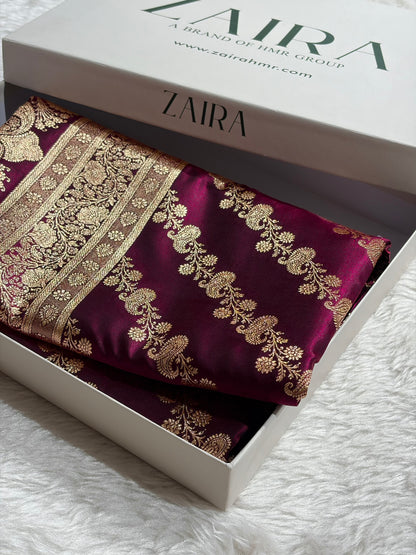 Banarasi Wine Shades Cross Pattern Banarasi Satin Silk Saree SS51
