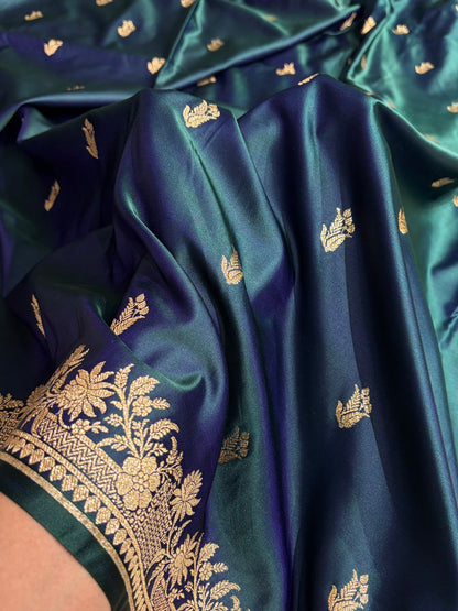 Dark Cross Green Shades Banarasi Boota Pattern Floral Mashru Silk Saree MSM-117