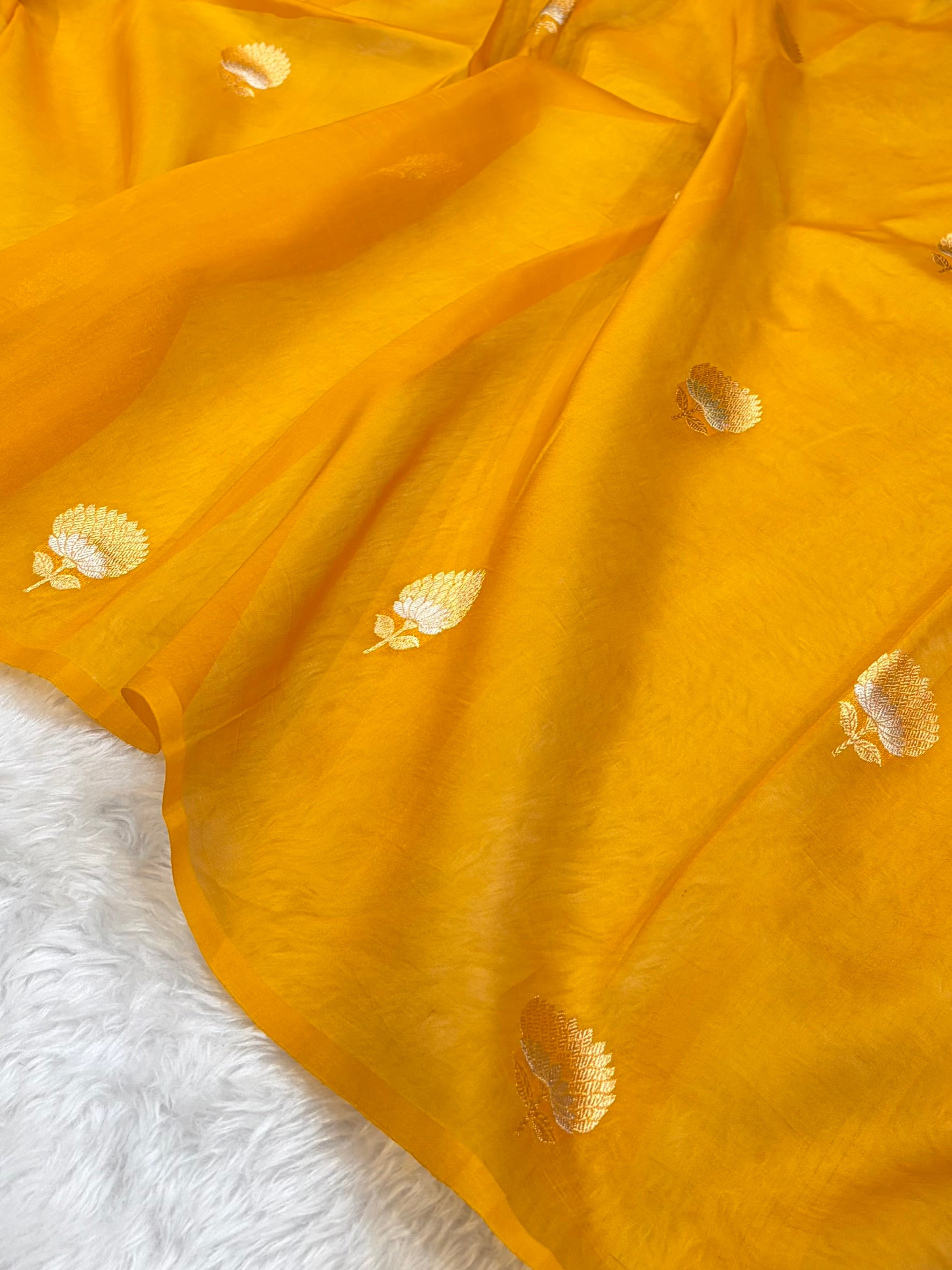Pure Banarasi Organza Mustard Shades With Minakari Floral Banarasi Silk Saree PO-23