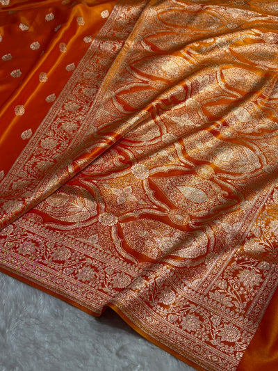 Fire Gold Shades Booti Pattern Banarasi Satin Silk Saree SS58