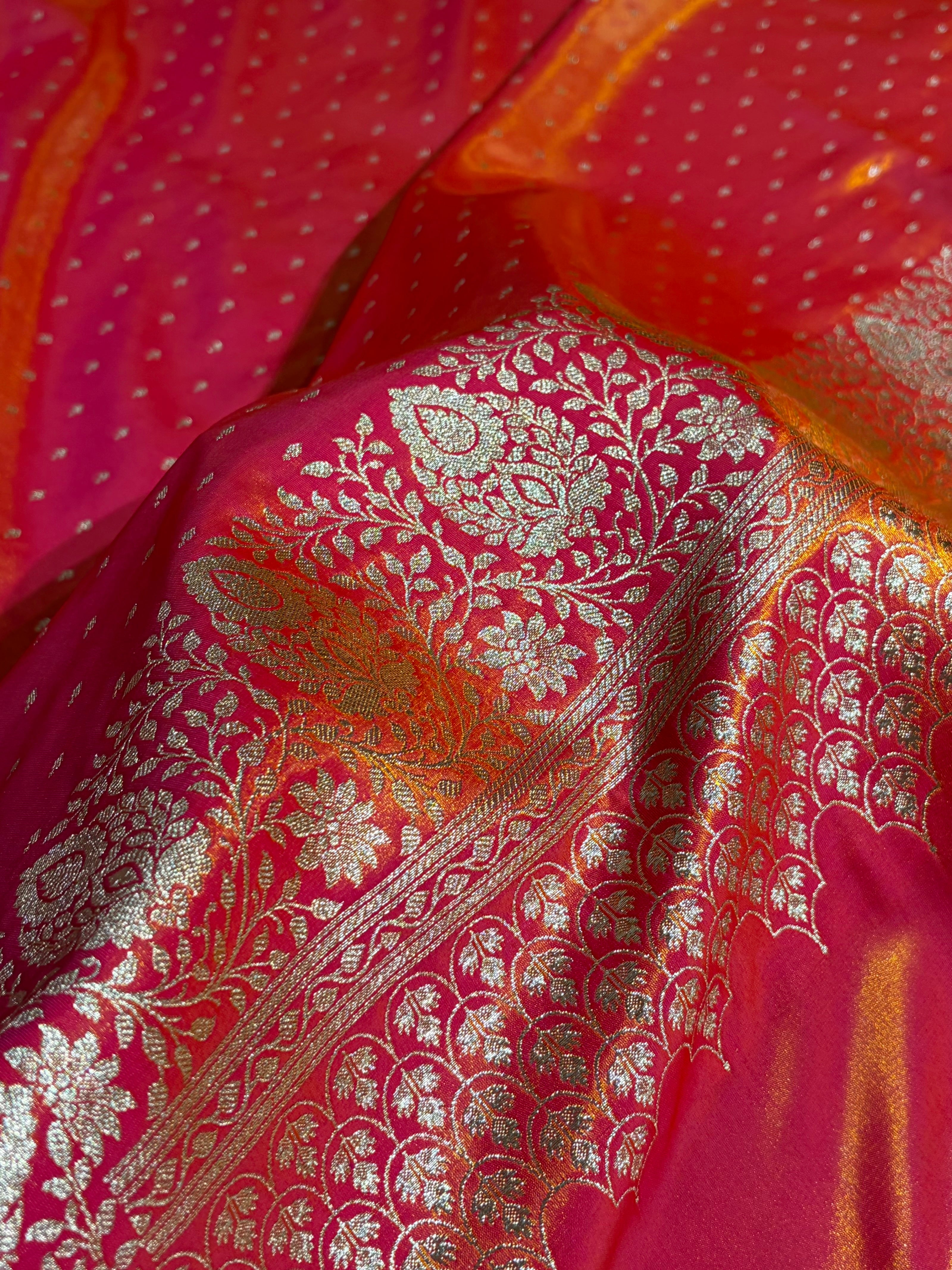 Satin Silk Saree Floral Boota in Pinkish Orange Shades SS28