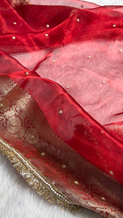Red Shade Pure Tissue Silk Saree Moti with Gota Patti BPTGP-17
