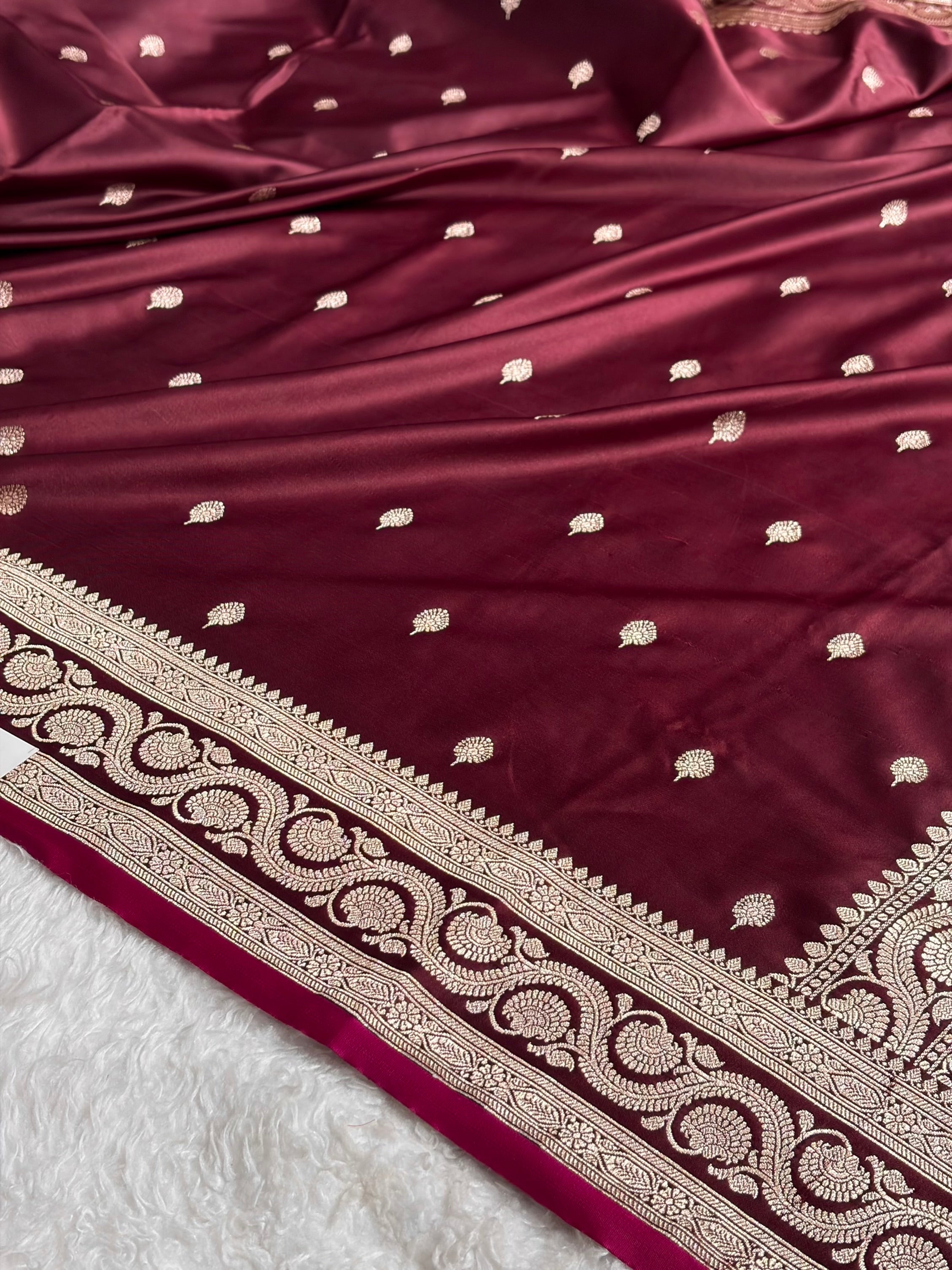 Banarasi Garnet Boota With Floral Border Mashru Silk Saree