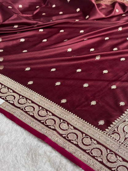 Banarasi Garnet Boota With Floral Border Mashru Silk Saree