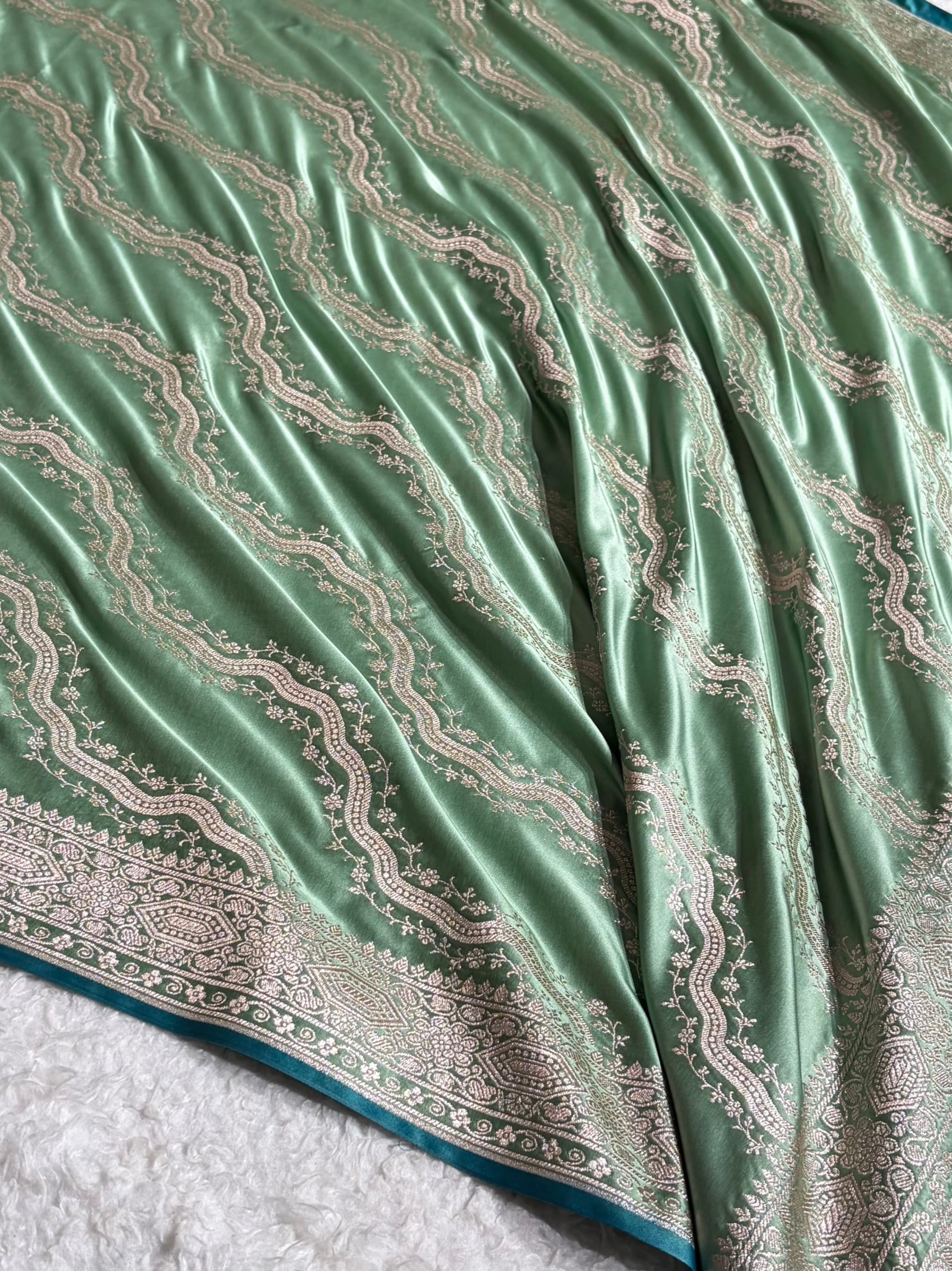 Banarasi Cross Pattern in Sea Green Shades Floral Mashru Silk Saree MCS93