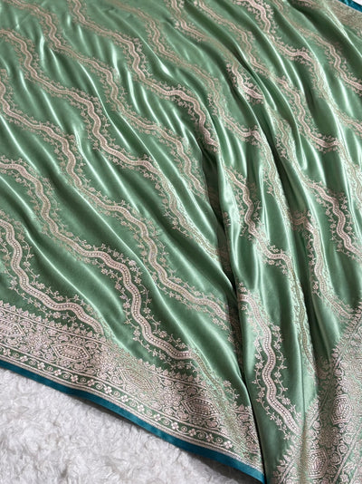 Banarasi Cross Pattern in Sea Green Shades Floral Mashru Silk Saree MCS93