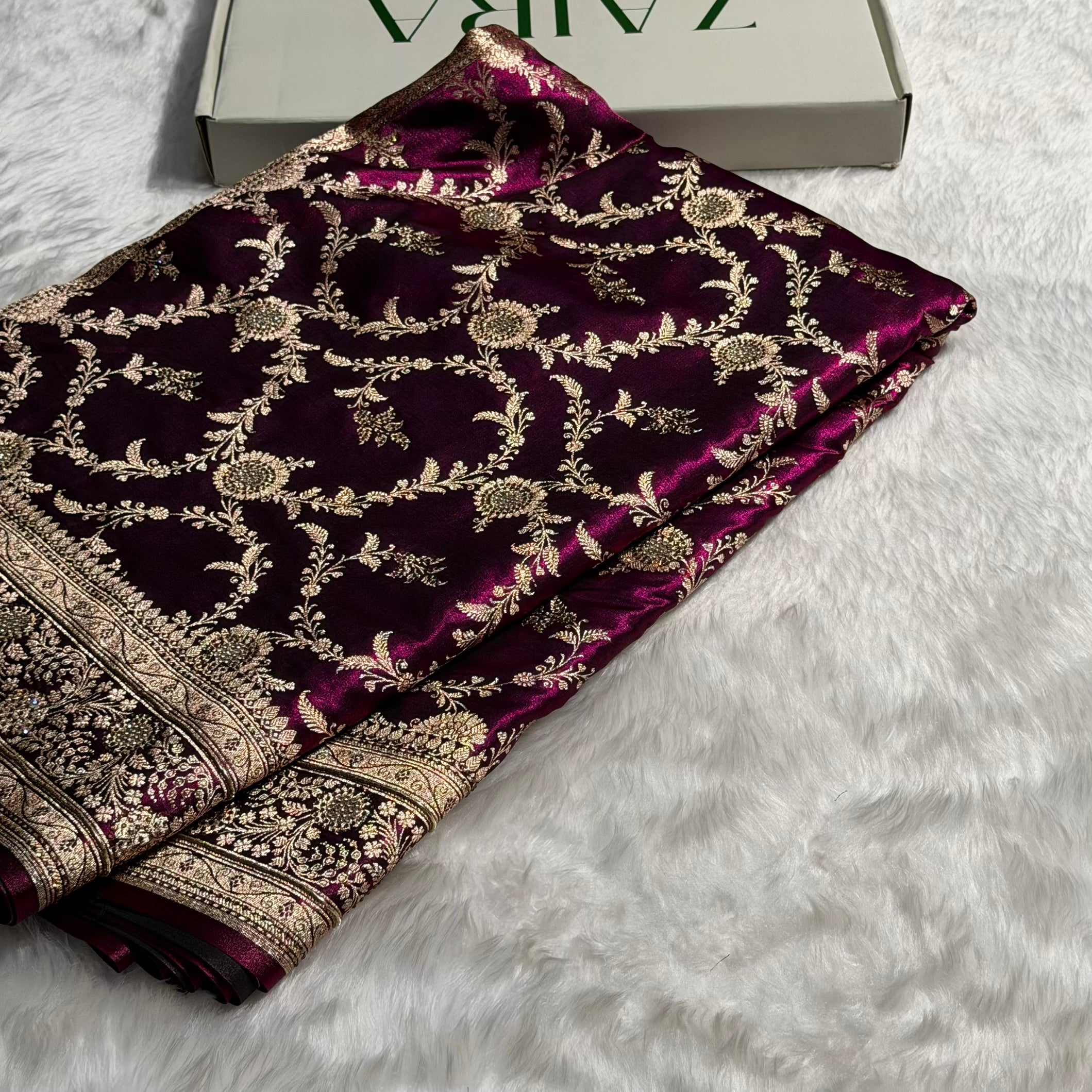 Light Weight Swarovski Work Wine Jaal Pattern Satin Silk Saree BSS14