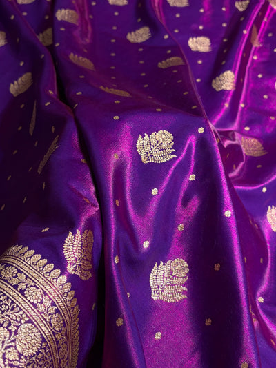 Banarasi Cross Purple Shades Booti Pattern Banarasi Satin Silk Saree SS59