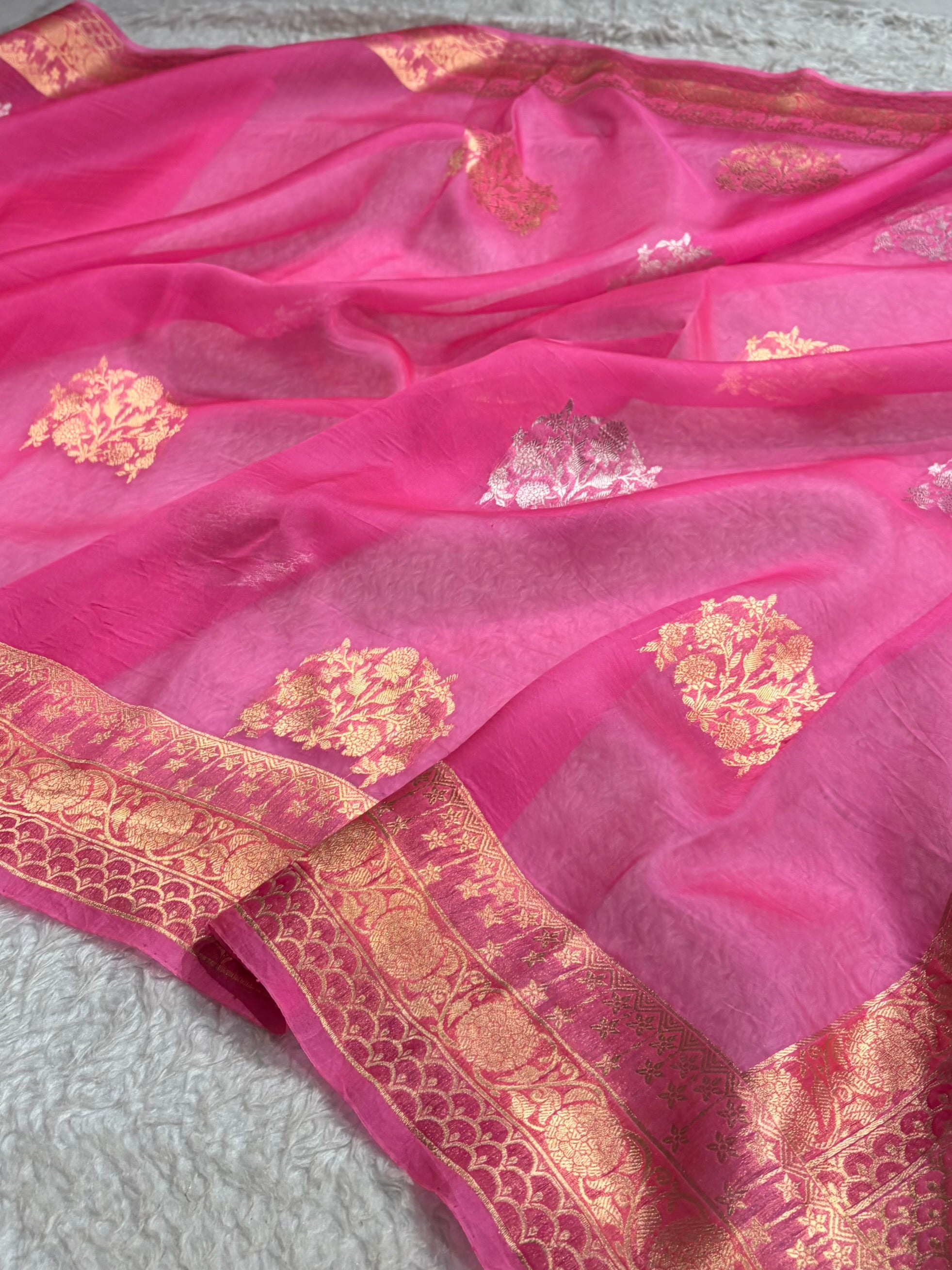 Banarasi Pure Organza Baby Pink Shades With Minakari Boota Banarasi Silk Saree PO-37