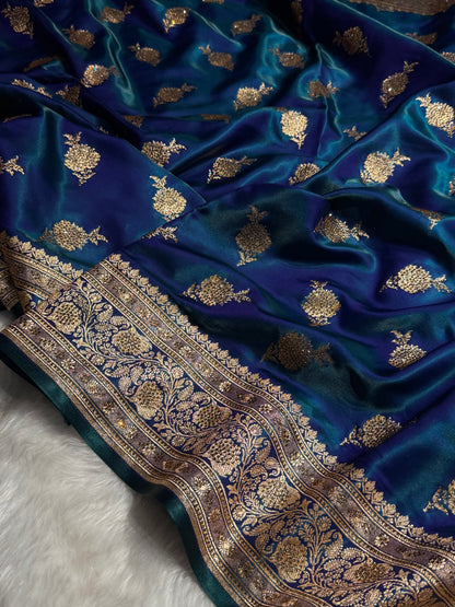 Satin Silk Saree Swarovski Work Floral Boota in Peacock Shades BSS26