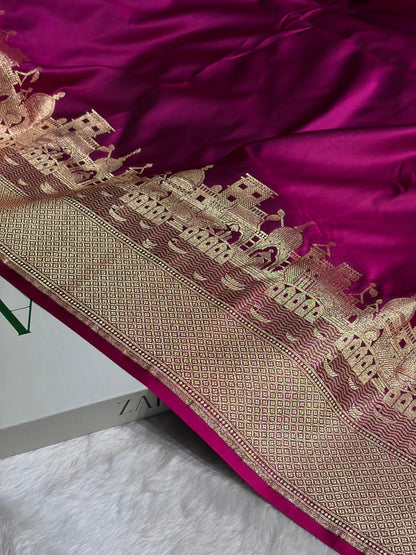 Wine Banarasi Ghat Pattern Satin Katan Silk saree SK33