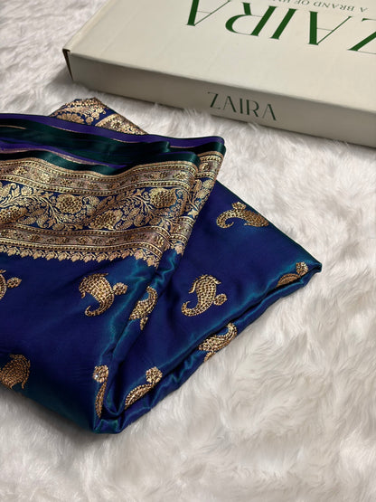 Satin Silk Saree Swarovski Work Floral Boota in Peacock Shades BSS27