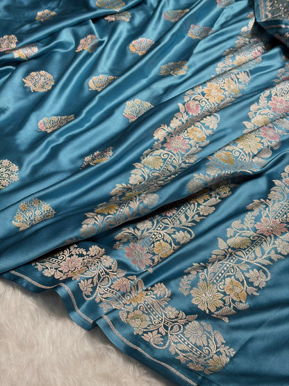Sky Blue Mashru Silk Saree With Allover Floral Boota MS21