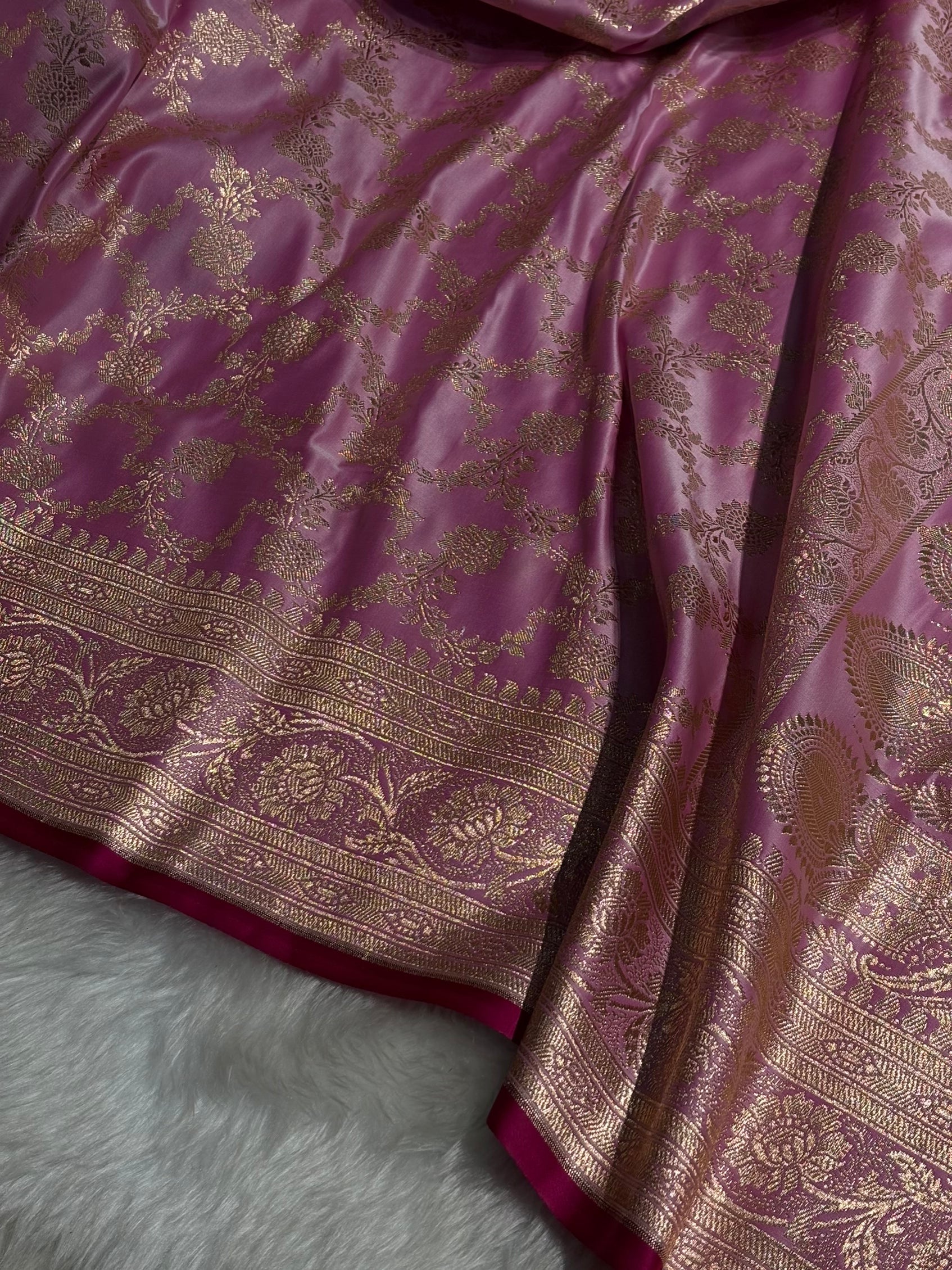 Baby Pink Jaal Pattern Satin Katan Silk Saree SK25