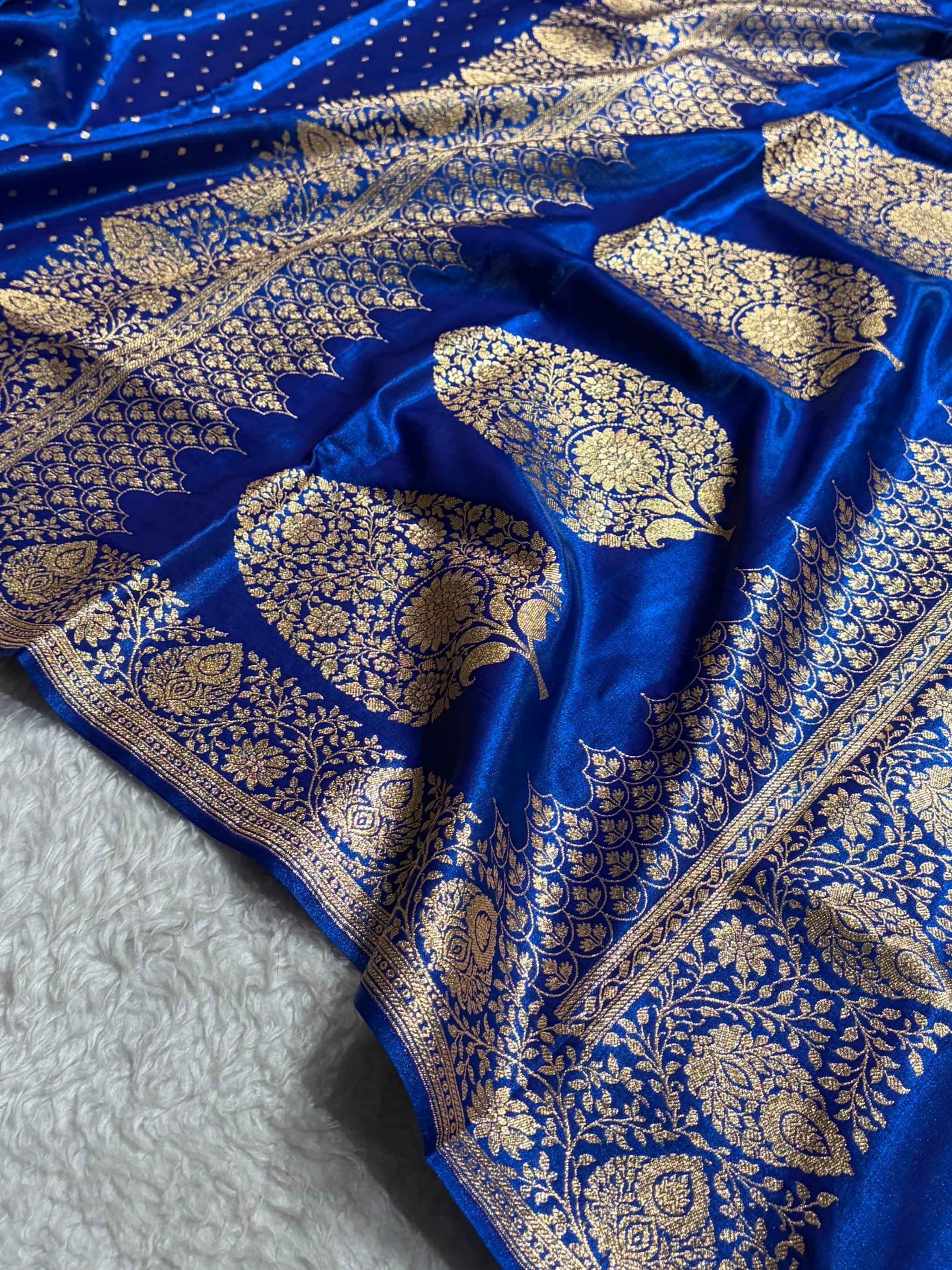Satin Silk Saree Floral Boota in Royal Blue Shades SS28