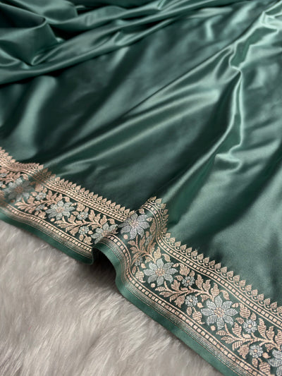Turquoise Shades Plain Banarasi With Minakari Floral Border Mashru Silk Saree MSM-123
