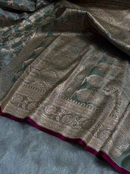 Light Green Jaal Pattern Satin Katan Silk Saree SK25