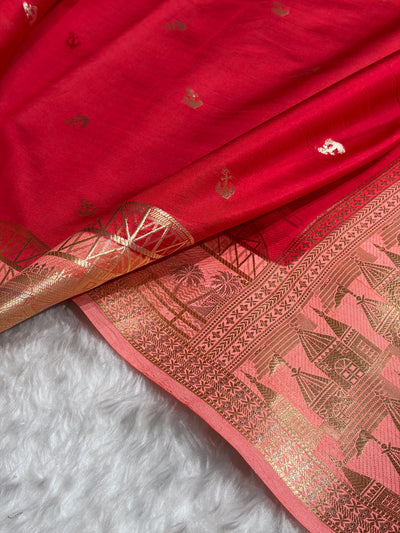 Banarasi Red With Peach Contrast Shade Flower Boota Pure Caramel Mango Silk Saree CS-18