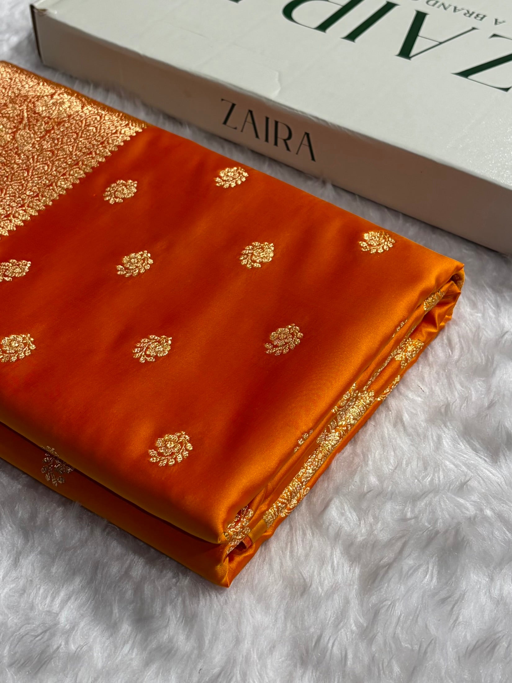 Fire Gold Floral Boota Pattern Satin Katan Silk Saree SK72
