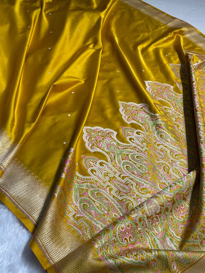 Lemon Mehendi Booti Pattern Satin Katan Silk Saree SK56