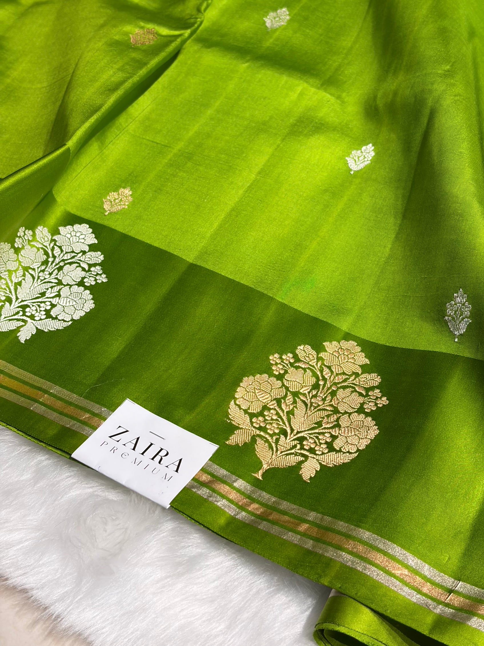 Parrot Green Shades Meena Boota Handwoven Pure Katan Raw Mango Silk RM-01