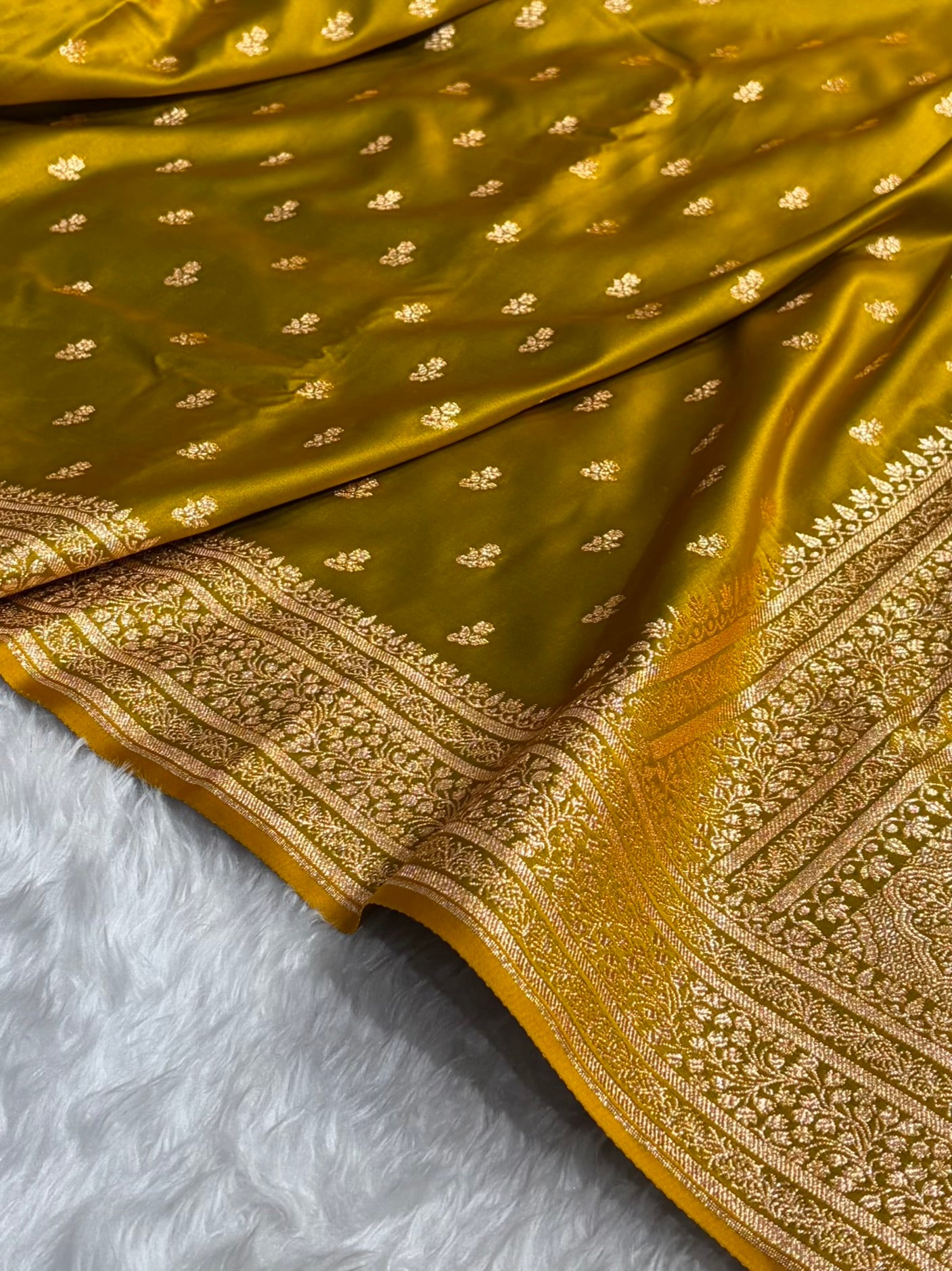 Banarasi Satin Katan Saree With Boota in Liril Mehendi Shades SK89