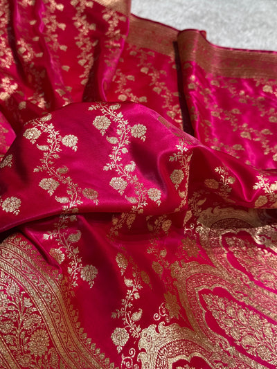 Banarasi Ruby Pink Cross Jaal Satin Silk Saree SS11