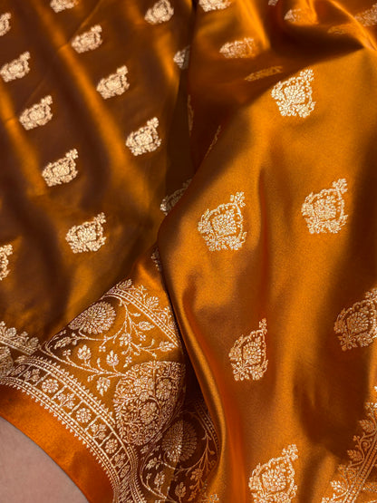 Banarasi Satin Katan Saree With Boota in Rust Shades SK98