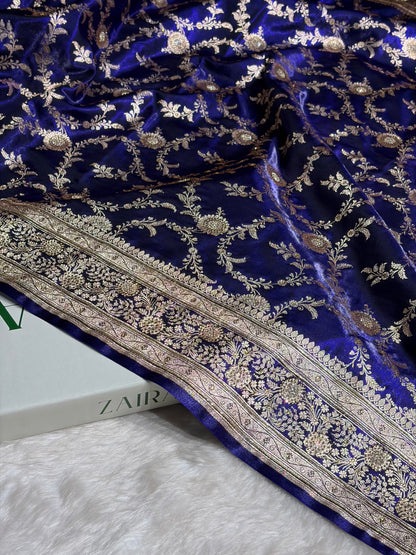 Satin Silk Banarasi Jaal in Royal Blue Shades with Work BSS14